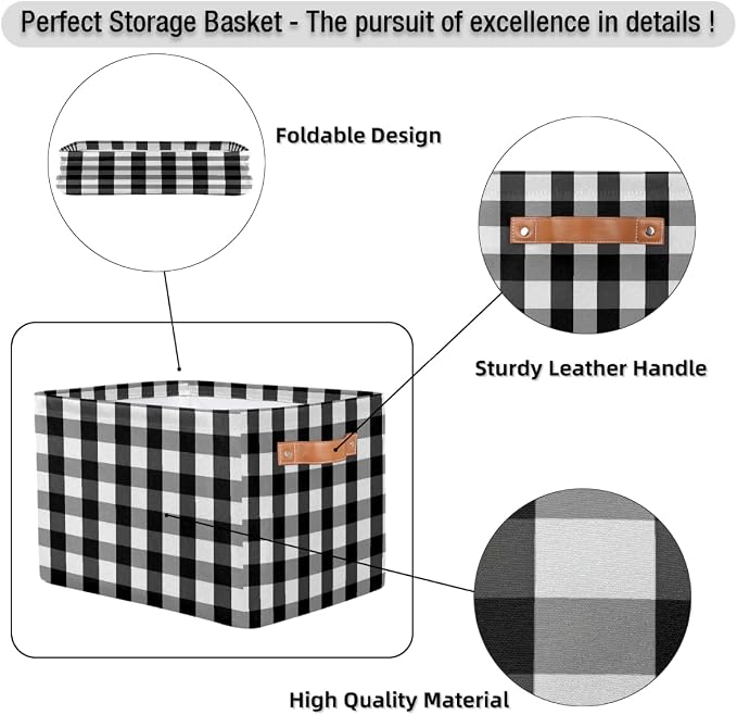 Rectangular Storage Bins Black White Gray Check Plaid Collapsible Fabric Storage Basket Organizer with Handles for Nursery Bedroom Bathroom