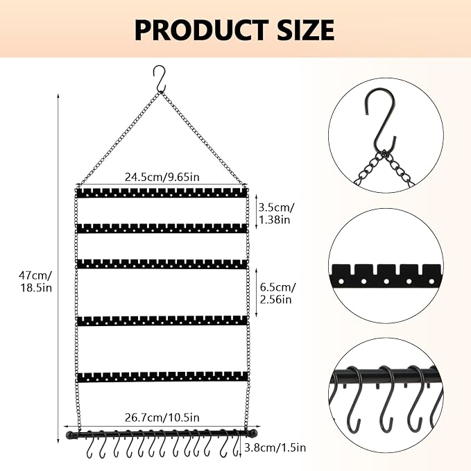 Hanging Jewelry Organizer, 5 Tier Wall Mounted Hanging Earring Holder with 10 Necklace Hooks, Adjustable Earring Display Storage with Holes and Grooves for Earrings, Necklaces, Bracelets and Rings