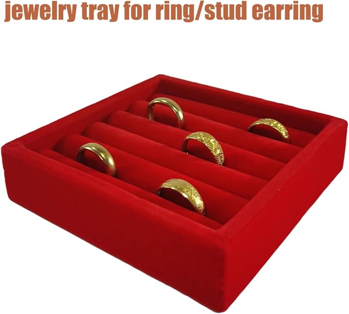 SCIKHETF Velvet Ring Earrings Studs organizer Tray Small Ring Insert Display Tray 5 Slots Stackable (Red)