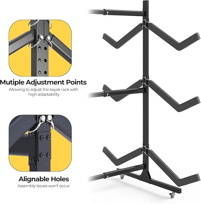 Freestanding Adjustable Kayak Storage Rack, 2 Sides Kayak Bracket, Durable Kayak Rack with Lockable Wheels for Indoor, Outdoor, Garage, Shed, Dock