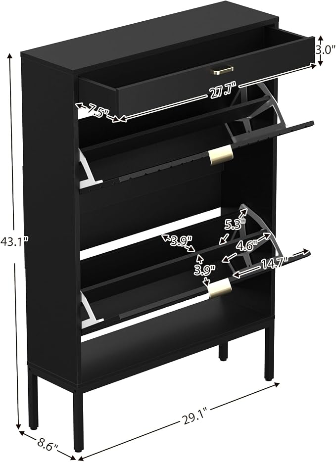 XIAO WEI Shoe Cabinet, Shoe Storage Organizer Cabinet with 2 Flip Half Moon Line Doors, Freestanding Shoe Rack with Adjustable Shelf for Entryway（Black）