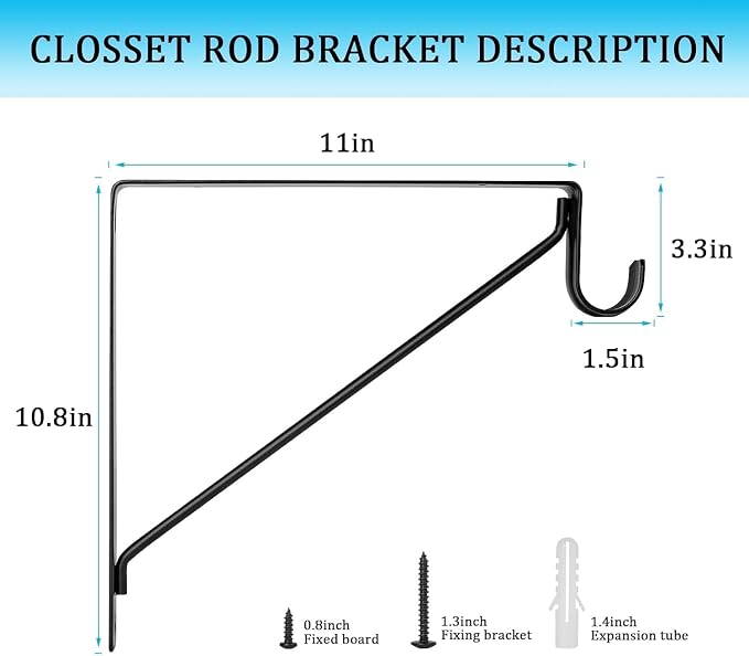 10PCS Heavy Duty Closet Rod Bracket, 11 x 11 Inch Closet Shelf Brackets,Supports 300 lbs,Wall Mount Closet Rod Supports Bracket Hook with Screws, Closet Rod Holders for Home and Closet Decor(Black)