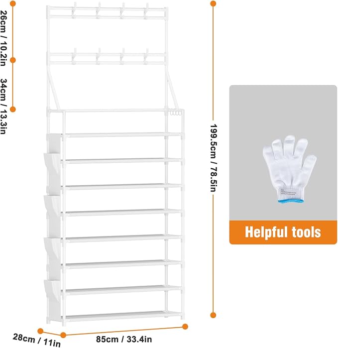 OYREL Shoe Rack 8 Tier Large Shoe Organizer Storage 32-40 Pairs | Metal Shoe Storage Rack with Hooks and Side Pocket for Entrance Entryway Closet Shoe Shelf Holder
