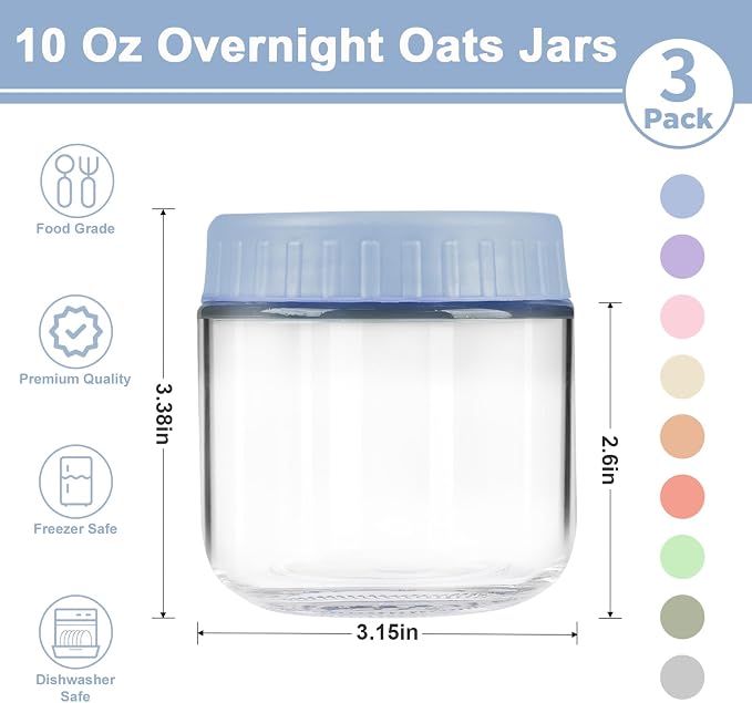 Overnight Oats Containers with Lids, 10oz Wide Mouth Mason Jars with Lids, 3 Pack Glass Jars with Airtight lid for Chia Pudding Yogurt Salad, Meal Prer Oatmeal Jars, Blue