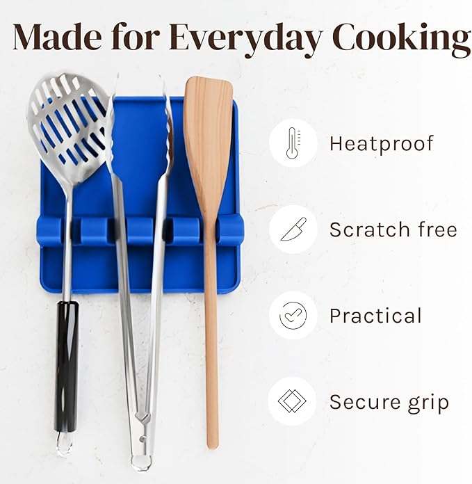 Cooler Kitchen Blue Silicone Spoon Rest for Stove Top with Drip Pad (Two Pack) - Heat Resistant BPA Free Utensil Rest & Spoon Holder for Kitchen Counter - Grill Utensil Holder - Spatula Holder