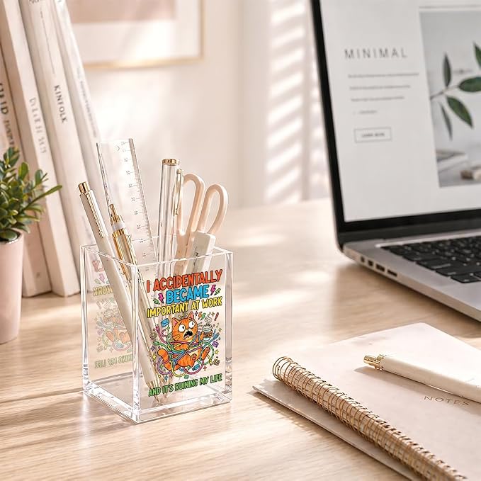 I Accidentally Became Important at Work Acrylic Pencil Holder Cup | Funny Cat Pen Holder for Desk, Coworker Boss Gifts for Women Men Employees, Sarcastic Work Gifts, Novelty New Job Present