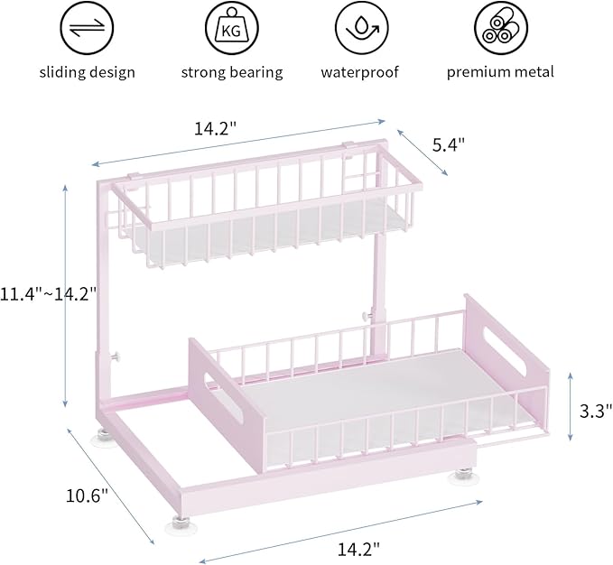 Saydear Under Sink Organizer Storage 2-Tier Premium Metal Pull-Out Kitchen Cabinet Organizer with Sliding Drawer, Height Adjustable, Heavy Duty for Kitchen & Bathroom Organizers 2 Pack Pink