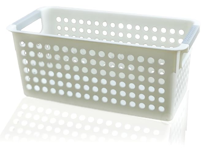 Basicwise Set of 3 White Rectangular Plastic Storage Basket with Easy-Grip Handles Ventilated Organizer Bin for Bathroom Pantry Closet Laundry Kitchen Shelf Countertop & Home Organization Essentials