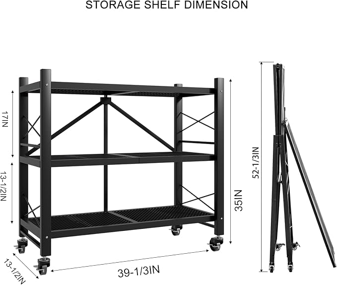 Folding Storage Shelves, Heavy Duty Garage Shelving Unit, Adjustable Metal Standing Storage Rack Shelf, No Assembly Wire Shelving Organizer with Wheels for Kitchen Pantry Warehouse (3-Tier, 2 Pack)
