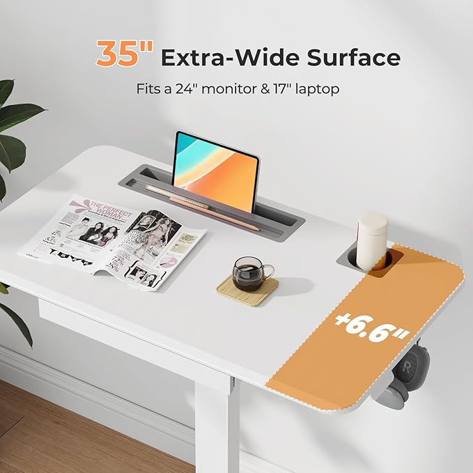 Mobile Standing Desk with Drawer, 35"×20" Small Desk, White | Portable Laptop Workstation with Cup Holder and Hooks, Height Adjustable Rolling Desk with Wheels, Teacher Classroom Use