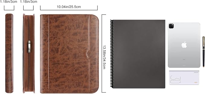 ProCase Portfolio Business Padfolio Folder with Zipper -Brown | Conference Meeting Executive File Legal Document Organizer with Pockets Letter Size A6 Writing Pad Notepad Padfolio