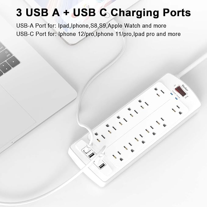 10 Feet Extension Cord Power Strip, Yintar Surge Protector with 12 AC Outlets and 4 USB Ports, 2700 Joules, ETL Listed, White