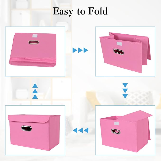 STOREONE Fabric Storage Cube Bins Foldable Organizer Container Collapsible Basket with Lids and Metal Handles, for Home, Bedroom, Closet 6 Pcs (Pink)