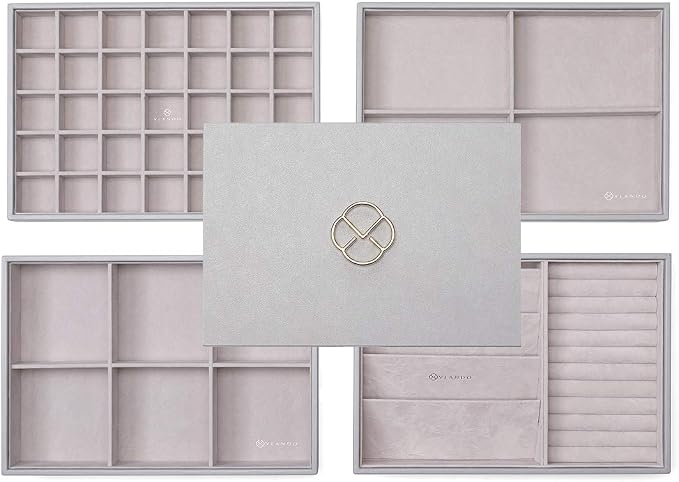 VLANDO Stackable 4-Layer Jewelry Tray - Multipurpose Jewelry Accessories Display Storage and Organizer for Earring Necklace Bracelet Ring, Grey