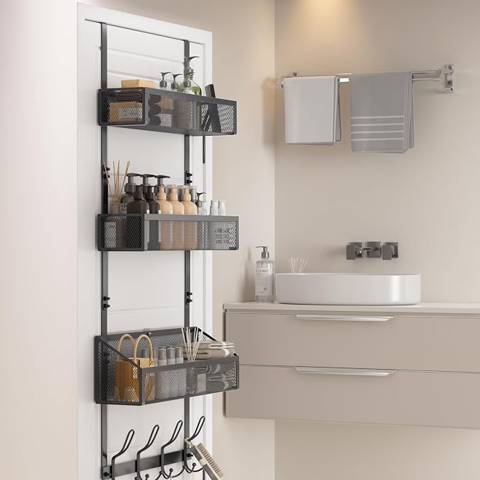 Over Door Hook Organizer 12 Hook Over The Door Organizer with 3 Mesh Baskets - Back of Door Storage Towel Rack Space Saving Storage Organizer for Bedroom, Bathroom, Kitchen, Pantry, Black