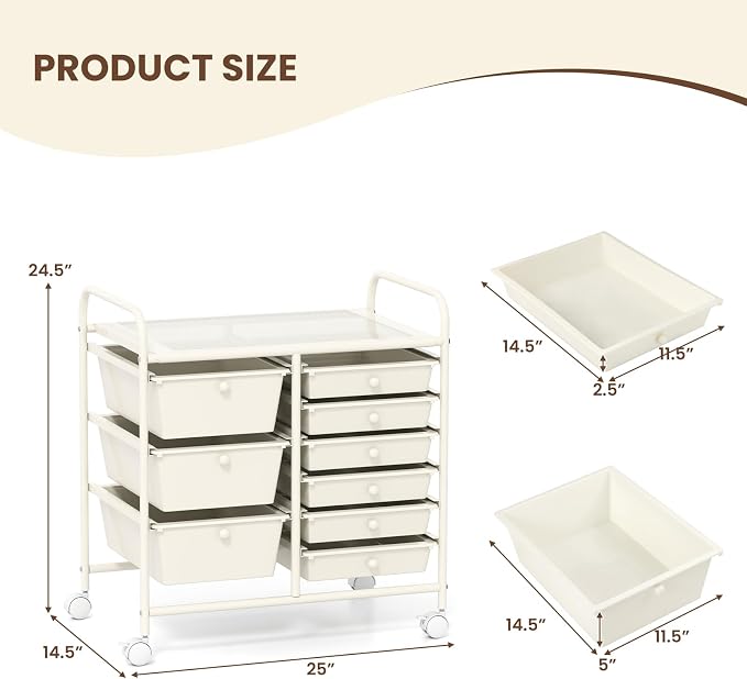Moccha 9-Drawer Rolling Storage Cart - Under Desk Storage Drawers with wheels for Craft Art Supply Paper Salon, Scrapbook Paper Tools, Mobile Utility Cart for Classroom, White