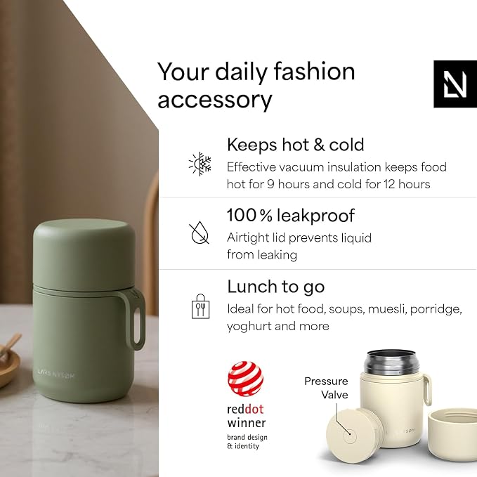 LARS NYSØM Stainless Steel Vacuum Insulated Food Jar - Leakproof Lunch Pot & Lunch Jar for Hot and Cold Food, Wide Mouth, Portable Soup Container for Work & Travel (Almond Beige, 17oz)