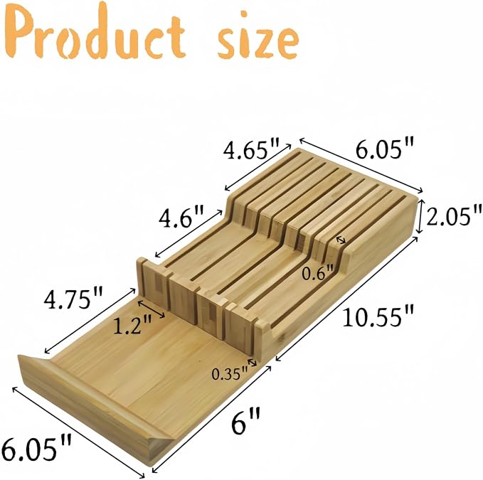 In-Drawer Bamboo Knife Block, 9-Slot Anti-Slip Space-Saving Storage | Fits Most Standard Drawers | Holds Up to 9 Knives | Natural Bamboo Finish | Secure Stable Knife Drawer Insert Organizer