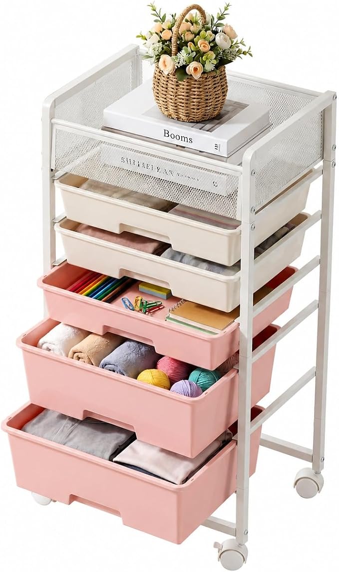 Stylish Rolling Craft Cart with Wheels and 5 Drawers, Art Cart Organizer and Storage, Rolling Storage Cart for Organizing Crafts, Yarn, Toys, School Supplies, etc