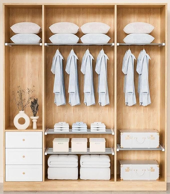 Closet Tension Shelf DIY Divider Metal Expandable Rod Adjustable Closet Shelves Organizer Scalable Layered Separators for Cabinet Storage Locker Clothes (14.2'' Wide,9.8''-15.7'' Long)