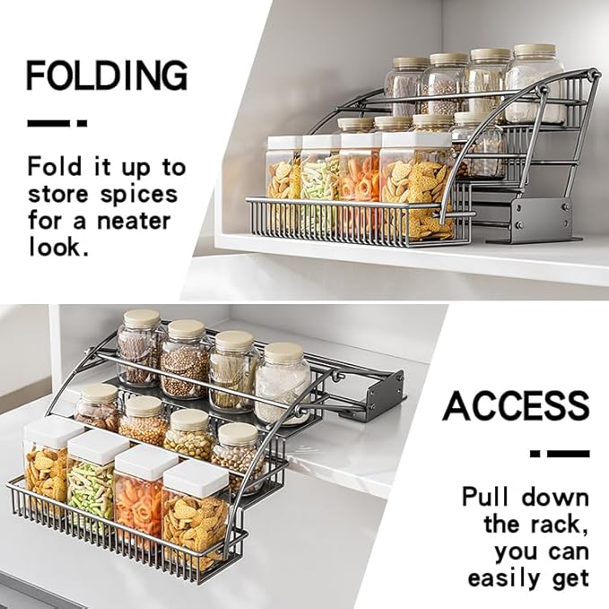 3-Tier Pull Down Spice Rack Organizer for Inside Cabinet Pantry Expandable Display Riser Shelf Kitchen Seasoning Shelf(27.5cm/10.8in)