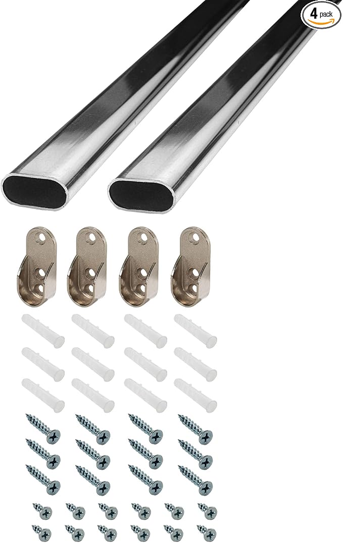 Outwater 36 Inch Steel Oval Closet Rod Kit, 9/16 Inch x 1-3/16 Inch Polished Chrome Heavy Duty Closet Hanging Rod with Metal Brackets, Wall Anchors and Screws, Pack of 2