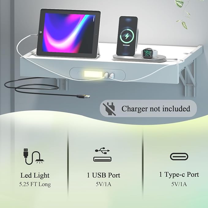TEAMIX Floating Nightstand with Charging Station, Wall Mounted Folding Bedside Shelf Combo Wood Nightstand with Led Light USB Type C Ports, Bed Side Storage Tray Caddy for Bedroom, Living Room, Dorm