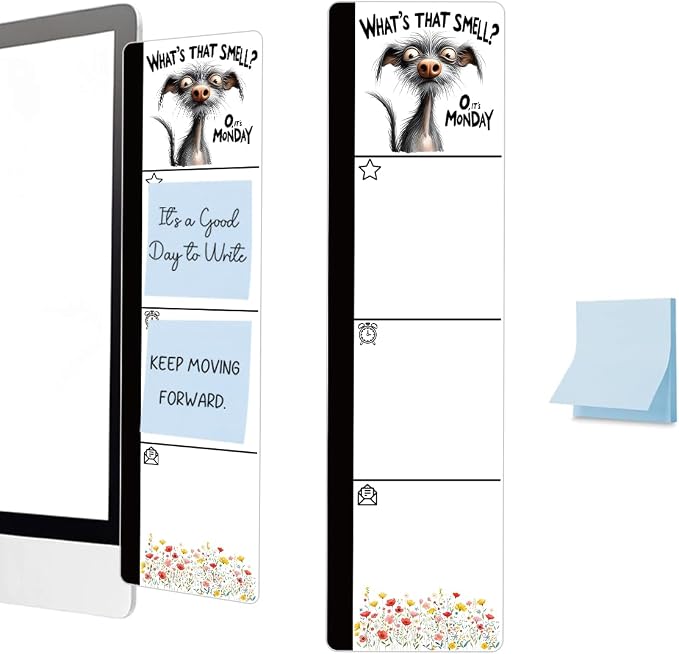 Monitor Memo Board Acrylic Sticky Note Holder Funny Dog Monday Office Desk Decor with 100 Self Stick Note Pads What's that Smell Quote