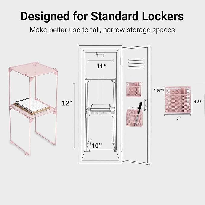 Neudeoc Locker Organizer Kit with Mesh Locker Shelf and Magnetic Pen Holders, 4-Piece Locker Accessories Set for School, Work & Gym, Foldable Stackable Metal Shelf, Fits Standard Lockers, Pink