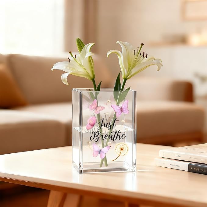 Just Breathe Acrylic Cosmetic Organizer Pen Holder, Anxiety Relaxing Acrylic Desk Holder Cup for Pen Pencil, Dandelion Desk Organizer, Mental Health Office Gifts for Coworker Leader Friend