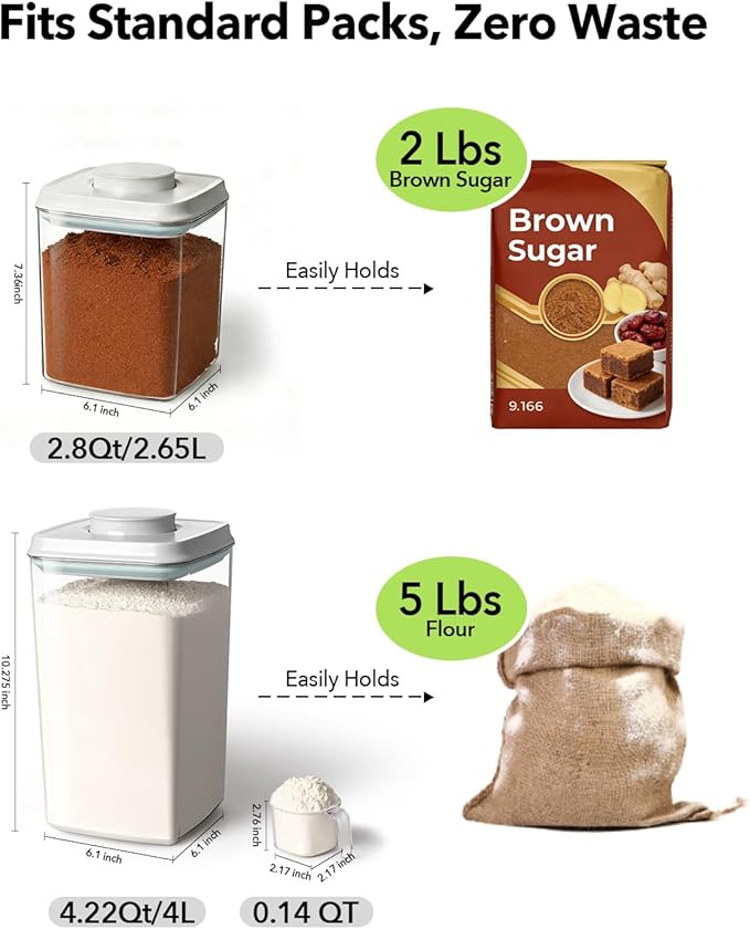 Airtight Food Storage Containers Set with One-Touch Lid, 2-Pack (2.8 QT / 2.65 L) Stackable PET, Best for Cereal, Flour, Rice & Baking Organizers.