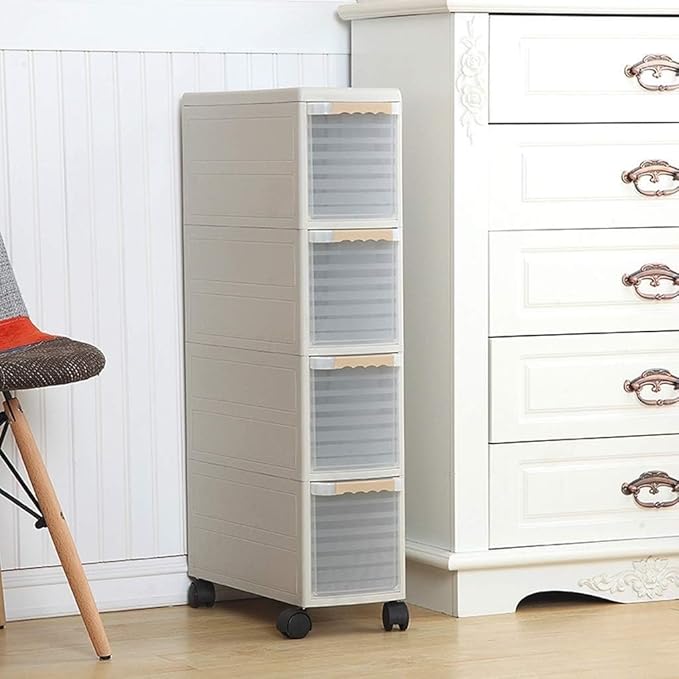 Storage Bins Sleeve Storage Cabinet, Narrow Cabinet Drawer Plastic Kitchen Locker Bathroom Bathroom Slot Rack(Khaki,2 layers)