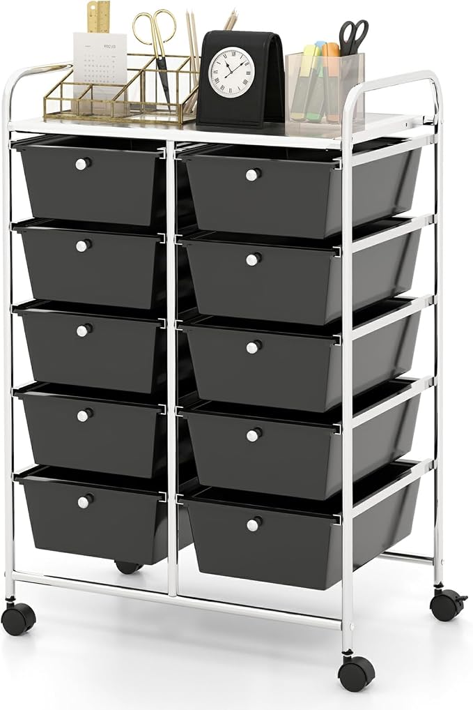 Moccha Rolling Storage Cart with 10 Drawers - Under Desk Storage Drawers with wheels for Craft Art Supply Paper Salon, Storage Drawers Organizer for Classroom Office Movable Utility Cart