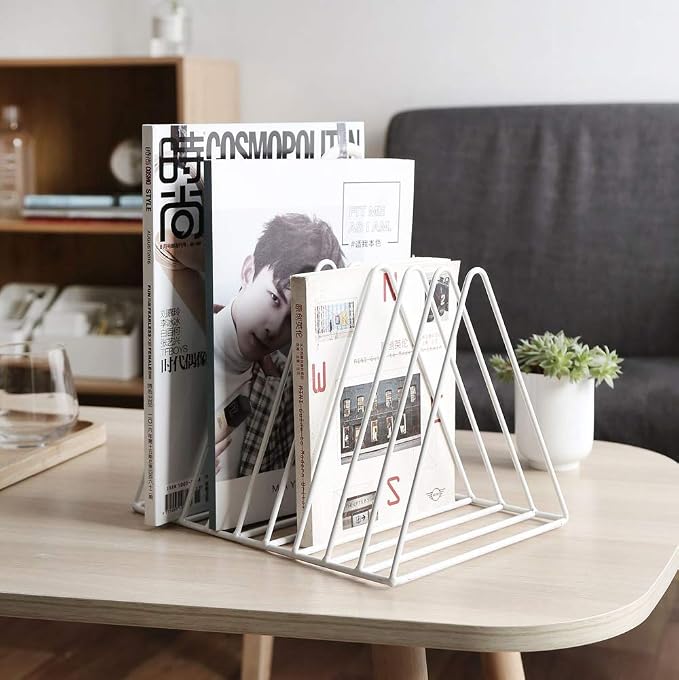 Sooyee 9 Slot Metal Record Holder Storage,White | Magazine Holder, Book Album Display Rack, Desktop File Sorter Organizer, Triangle Bookshelf Decor for Home Office