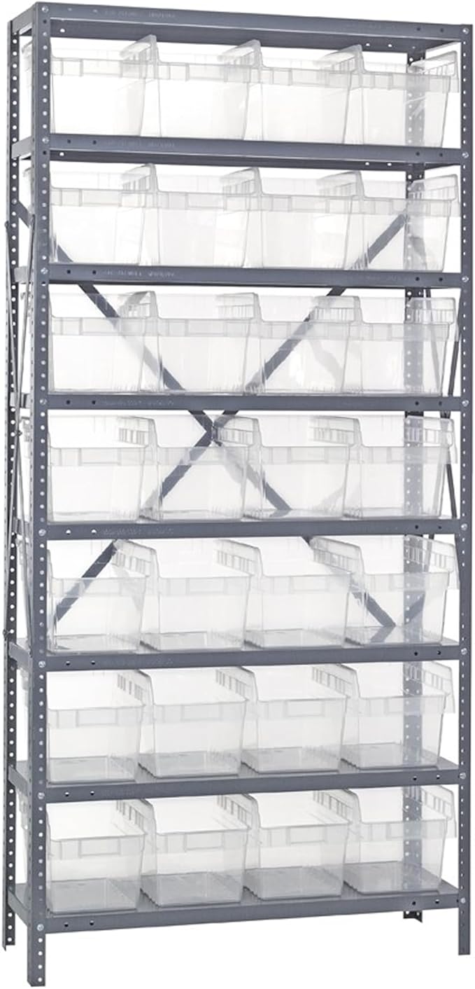 Quantum 1875-SB808CL Heavy Duty Modular Shelving Unit with (8) Shelves and (28) SSB808 Clear Bins for Warehouse Storage Distribution | 400 lbs Capacity | 18"D x 36"L x 75"H, Galvanized Carbon Steel