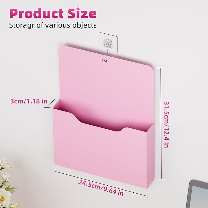 Marbrasse 2 Pack Magnetic File Holder - Paper Holder, Pocket Organizer,Hanging Wall File Organizer Office Supplies Storage, Magazine Mail Organizer Case for Notebooks,Planners,Letter (Pink)