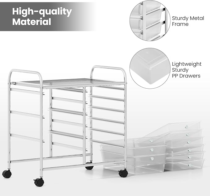 Moccha 9-Drawer Rolling Storage Cart - Under Desk Storage Drawers with wheels for Craft Art Supply Paper Salon, Scrapbook Paper Tools, Mobile Utility Cart for Classroom, Clear