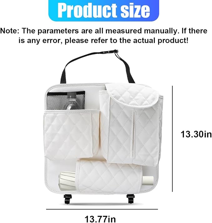 YoRise Leather Car Seat Back Organizer, Multifunctional Hanging Automotive Storage Bag with 2 Hooks, Car Seat Travel Bag for Tissue, Phone, Handbag, Bottle, Umbrella, Snack (White)