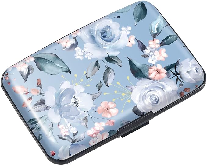 Coco Rossi Credit Card Holder RFID Aluminum Small Mini Wallet Women | Metal Wallet, Business Cards Holder, ID Case, Slim Sleeves, Womens Girls Gift, Carry Proof Wallets for Travel, Blue Flower