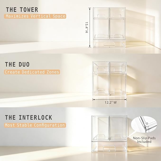 Baby Bottle Organizer, Large Capacity Stackable Acrylic Storage with Non-Slip Pads, for Baby Bottles, Pump Parts, Kitchen Countertop, Pantry, Vanity, 5-Piece