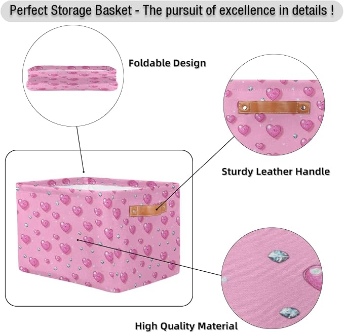 Cube Storage Bins for Shelves, Glitter Pink Hearts And Diamond Collapsible Fabric Toys Storage Basket Box with Handles for Home Office Bedroom Closet