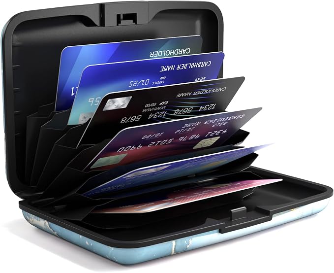 Credit Card Holder, Small RFID Metal Credit Cards Wallet Cute Business Card Holder Pocket ID Case for Women Men, Blue Marble