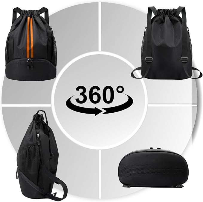 Hoedia Sports Drawstring Backpack - Swim Gym Bag for Women and Men | String Bag with Shoes Compartment and Wet Proof Pocket, Adjustable Wider Shoulder Strap, For Soccer, Basketabll, Volleyball
