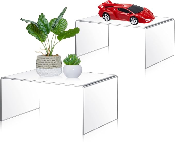 RattanView 2 Pcs 10 Inch, 12 Inch Large Acrylic Risers Display Stands 5 mm Thick Acrylic Shelf Riser Showcase for Collectibles Jewelry Cupcakes Food Figures Perfume Cabinet (Clear)