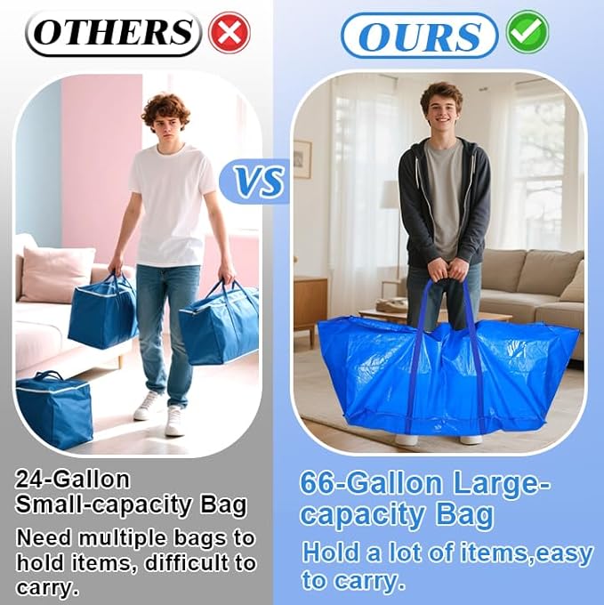 Bigmeta 66 Gallon Extra Large Moving Bags - Heavy Duty Storage Bags with Zipper & Strong Handles, Blue Packing Bag for Moving, Storage, Travel and Camping, College Dorm & Home Supplies, 4 Pcs