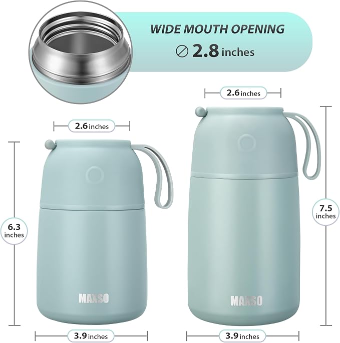 MAXSO 2 Pack Soup Thermo for Hot & Cold Food for Kids Adults, Vacuum Insulated Food Jar Thermal Lunch Containers, Travel Food Flask with Spoon (24 oz,17 oz) (Sage)