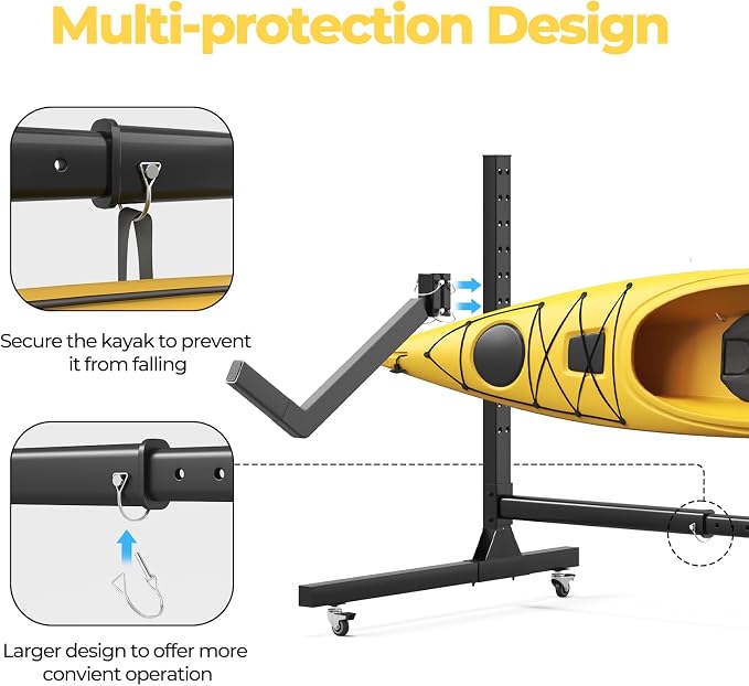 Freestanding Adjustable Kayak Storage Rack, 1 Side Kayak Bracket, Durable Kayak Rack with Lockable Wheels for Indoor, Outdoor, Garage, Shed, Dock