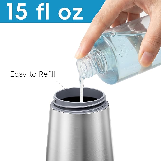BYUNER Foaming Soap Dispenser for Bathroom & Kitchen, 15 fl oz Refillable Foam Soap Dispenser with Rust-Free Plastic Pump, Metal Look Countertop Soap Dispenser, Hand Soap Dispenser, Brushed Silver