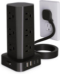 Power Strip Tower Surge Protector, 10FT Flat Plug Extension Cord with Multiple Outlets, 12 AC Outlets 4 USB (2 USB C), Desktop Surge Protection Tower for Home Office Dorm Room, Black
