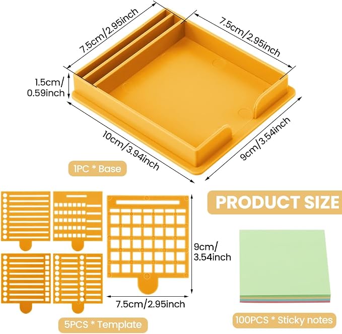 Sticky Note Holder with 5 Different Stencil & 100 Sheet Post It Notes, 3x3 inch Sticky Pads Dispenser with Line Box Drawing Template for Office and Home(COLOR:yellow)